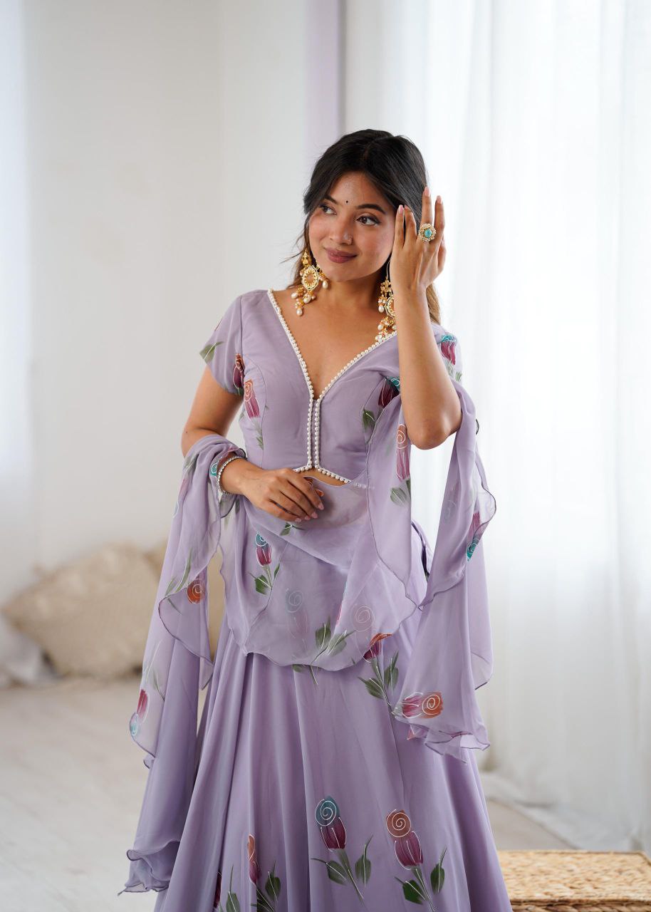 Pure Georgette Hand-Painted Lehenga Choli with Pearl Lace Blouse & Cascade Dupatta