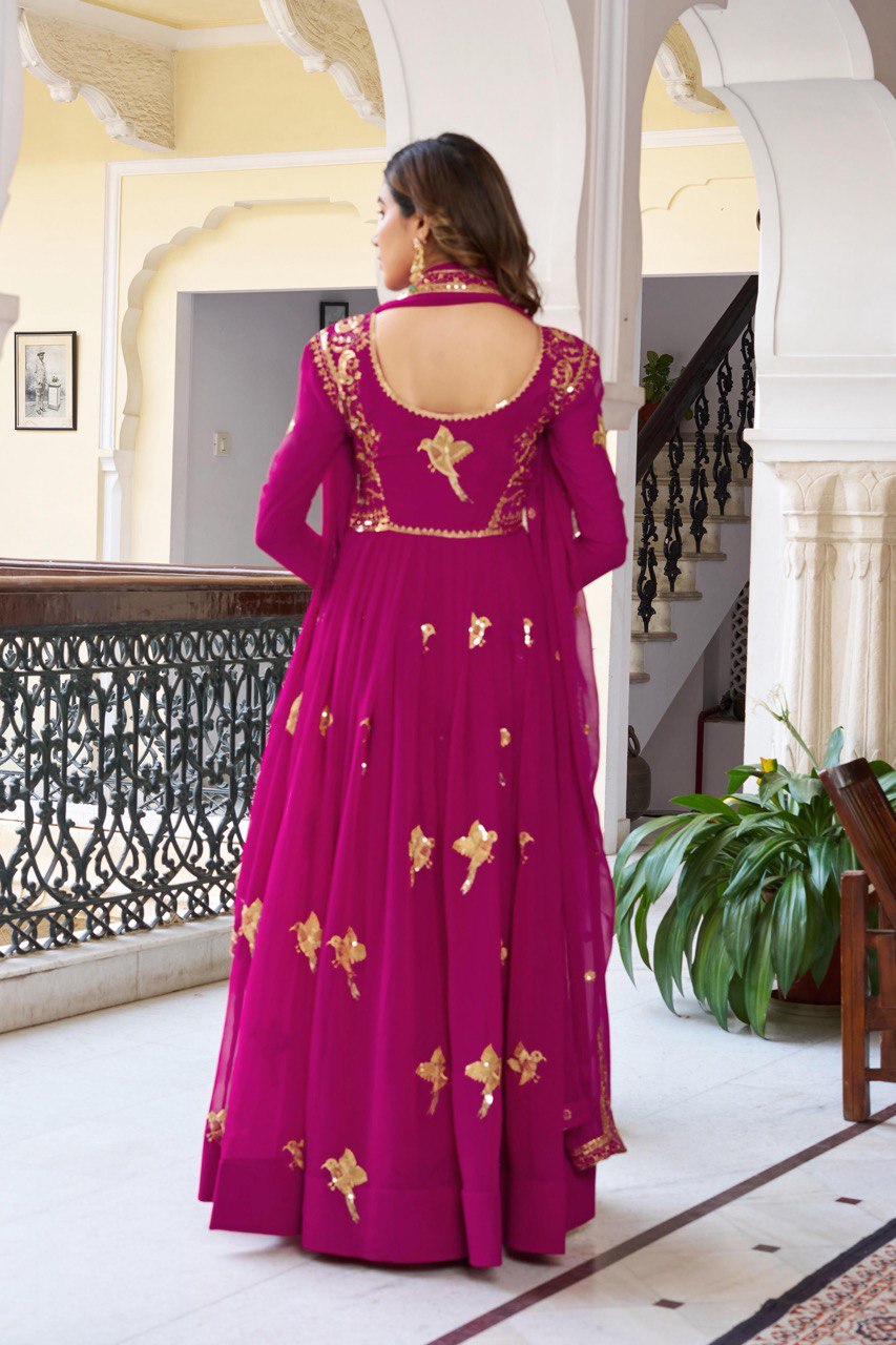 Women's Faux Georgette Embroidered Gown Set with Pant and Dupatta