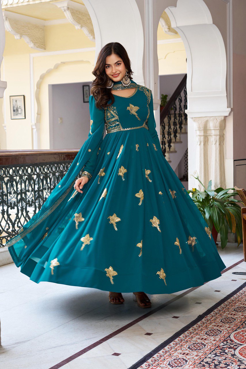 Women's Faux Georgette Embroidered Gown Set with Pant and Dupatta