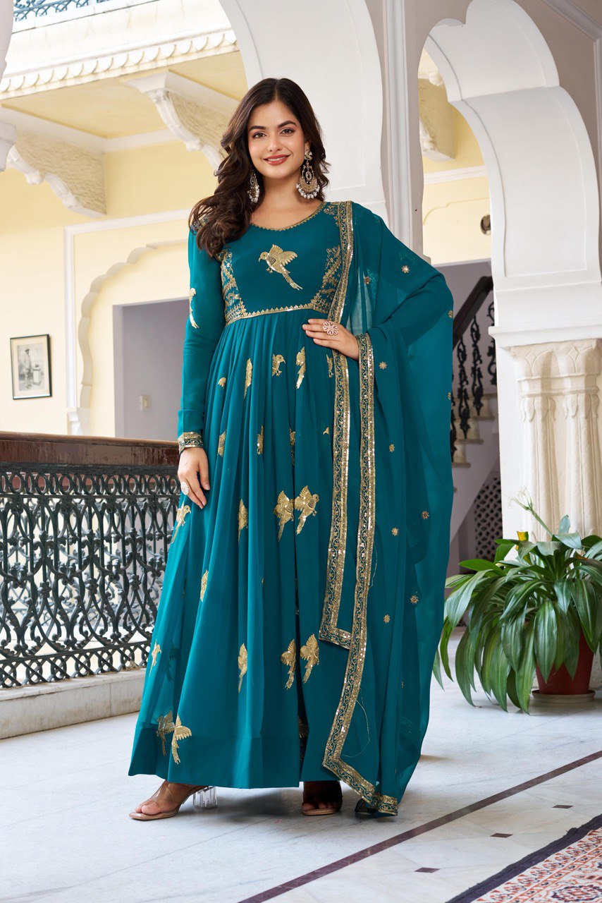 Women's Faux Georgette Embroidered Gown Set with Pant and Dupatta