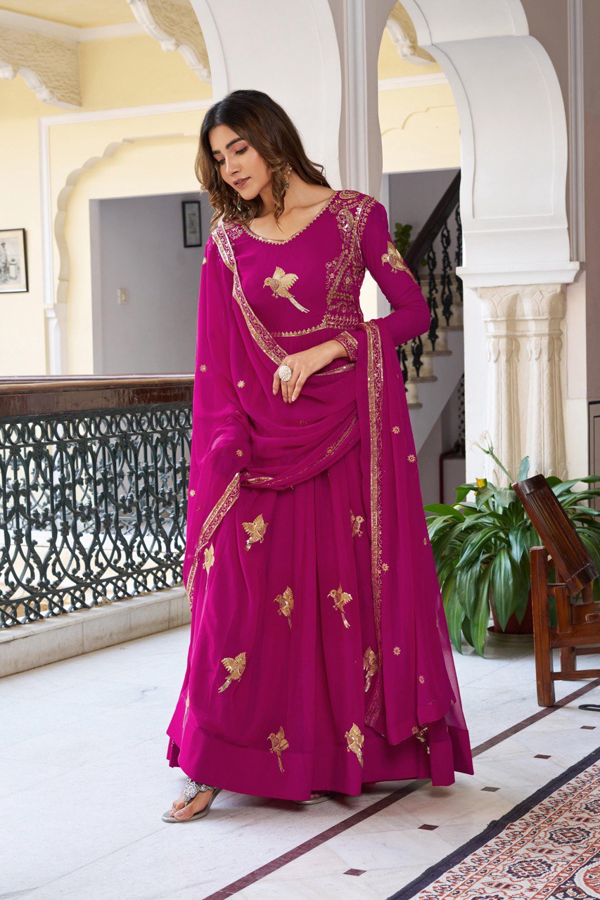 Women's Faux Georgette Embroidered Gown Set with Pant and Dupatta