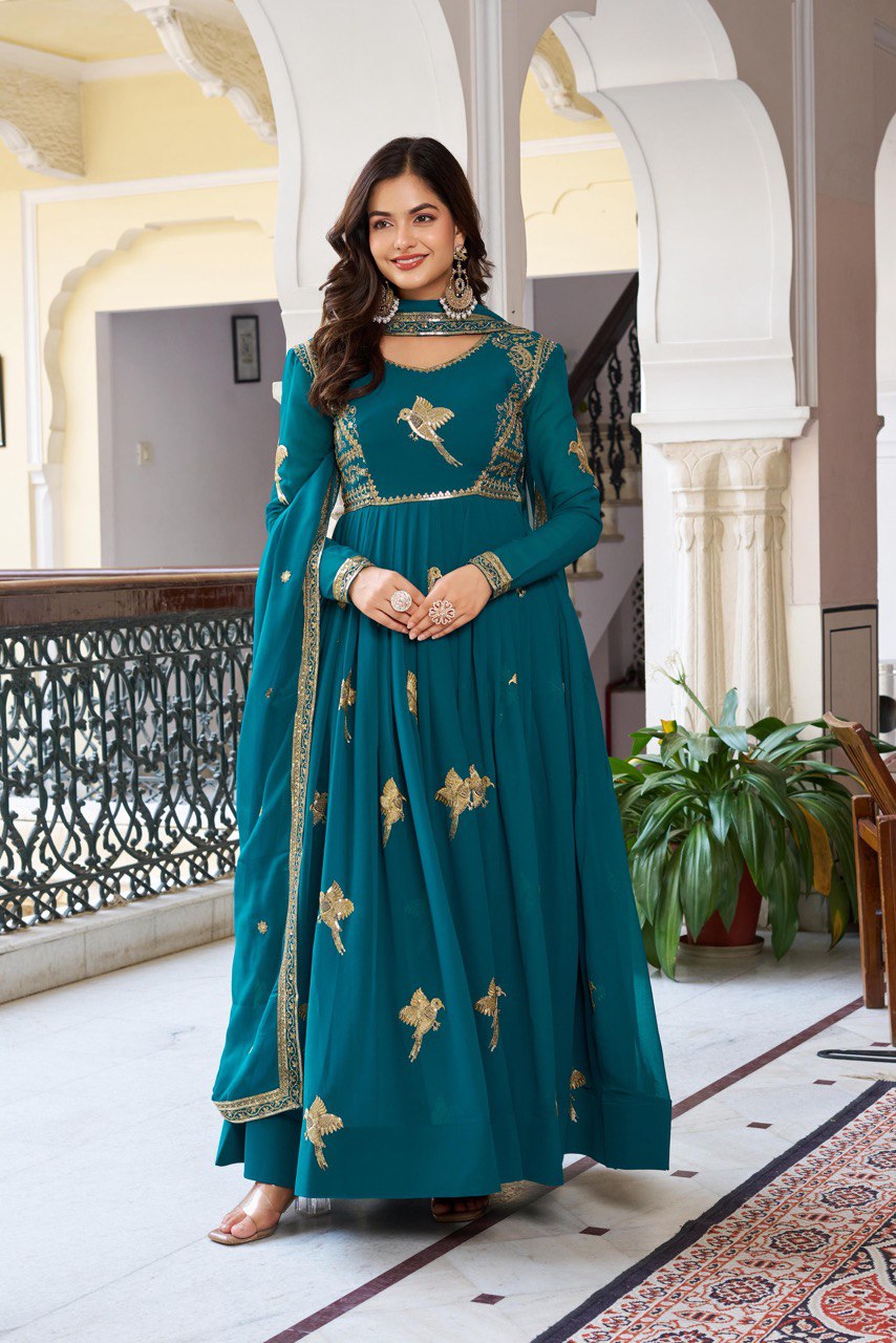 Women's Faux Georgette Embroidered Gown Set with Pant and Dupatta