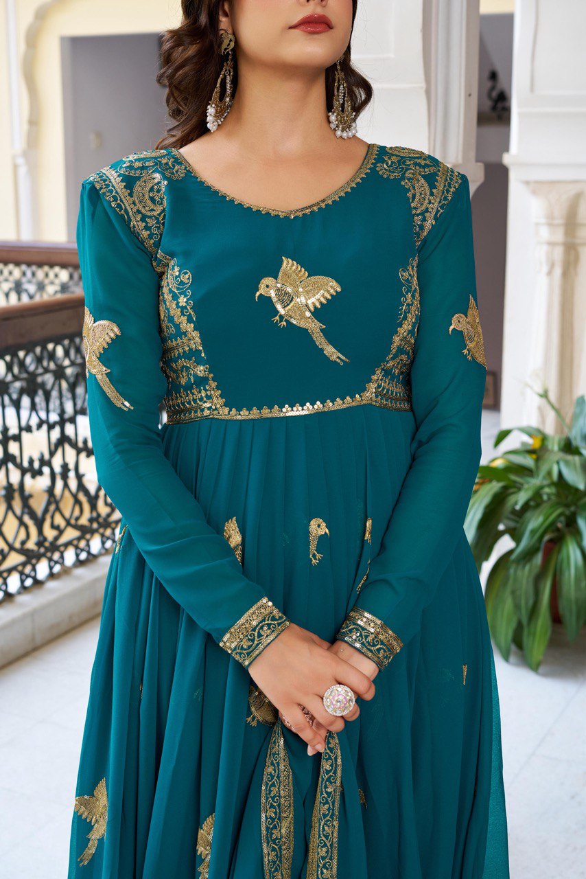 Women's Faux Georgette Embroidered Gown Set with Pant and Dupatta