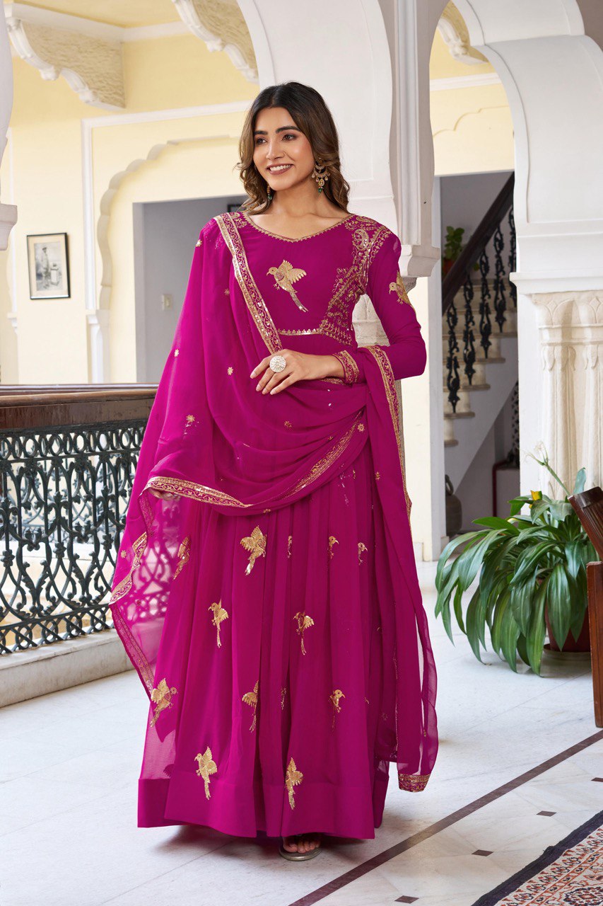 Women's Faux Georgette Embroidered Gown Set with Pant and Dupatta