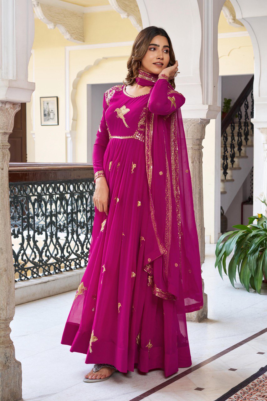Women's Faux Georgette Embroidered Gown Set with Pant and Dupatta