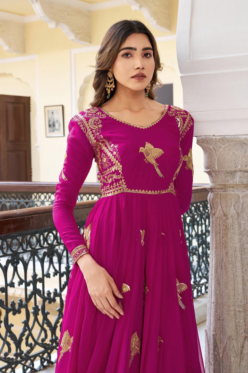 Women's Faux Georgette Embroidered Gown Set with Pant and Dupatta