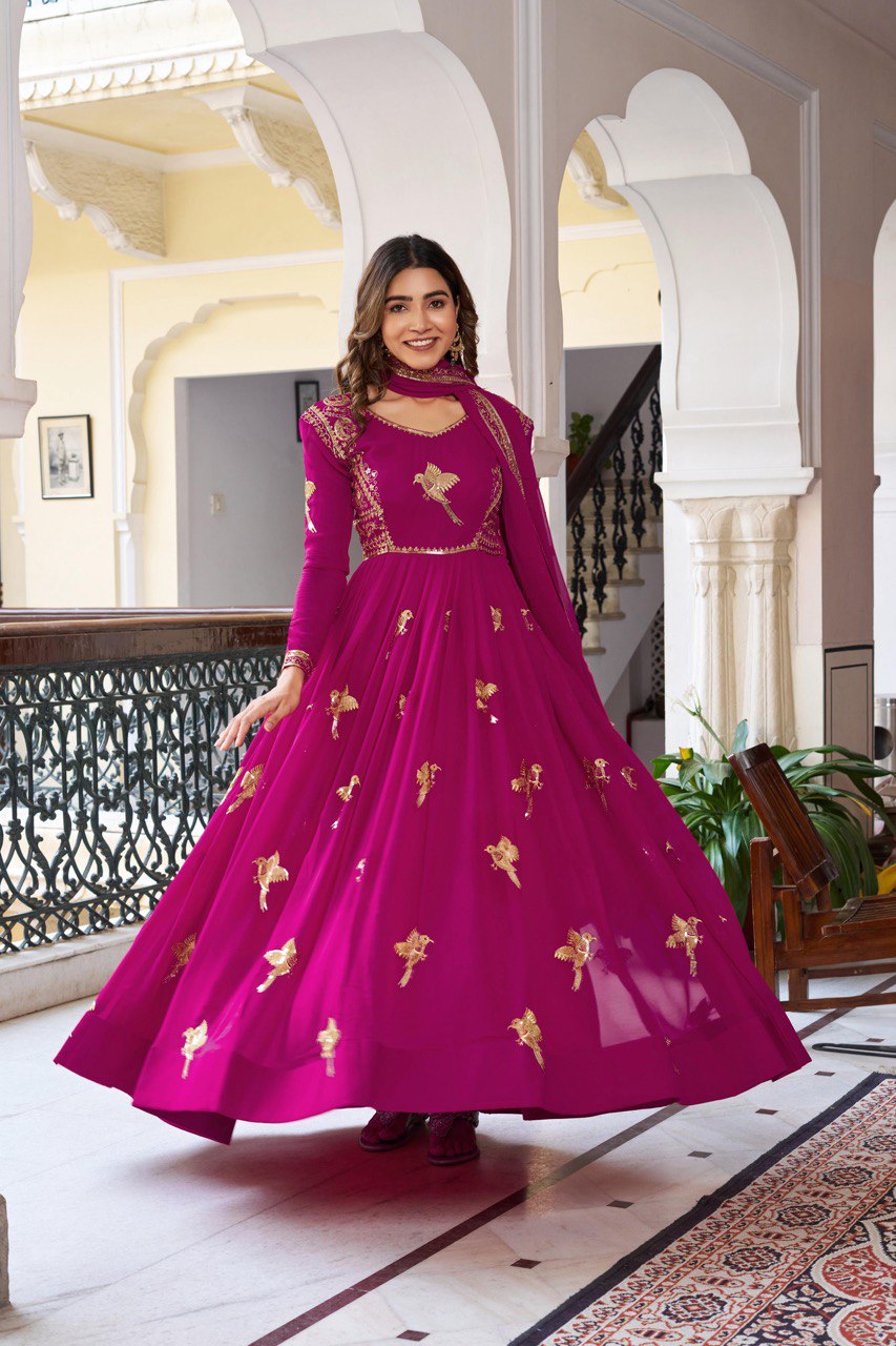 Women's Faux Georgette Embroidered Gown Set with Pant and Dupatta