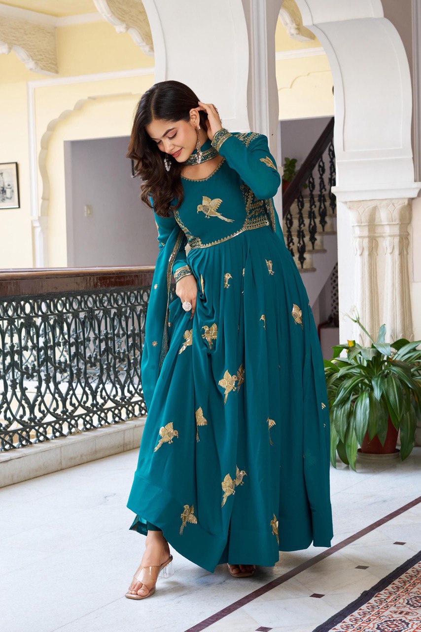 Women's Faux Georgette Embroidered Gown Set with Pant and Dupatta