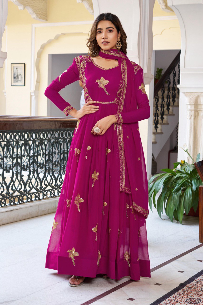 Women's Faux Georgette Embroidered Gown Set with Pant and Dupatta