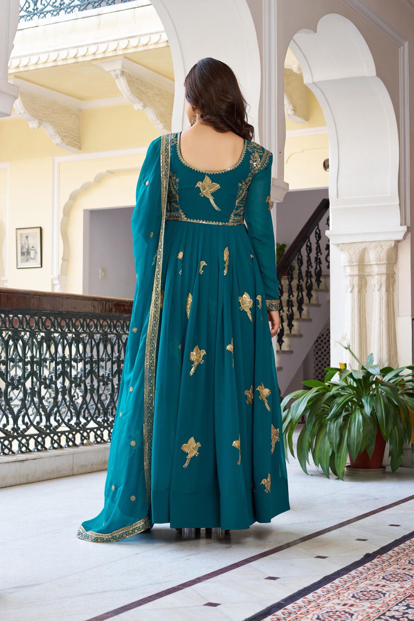 Women's Faux Georgette Embroidered Gown Set with Pant and Dupatta