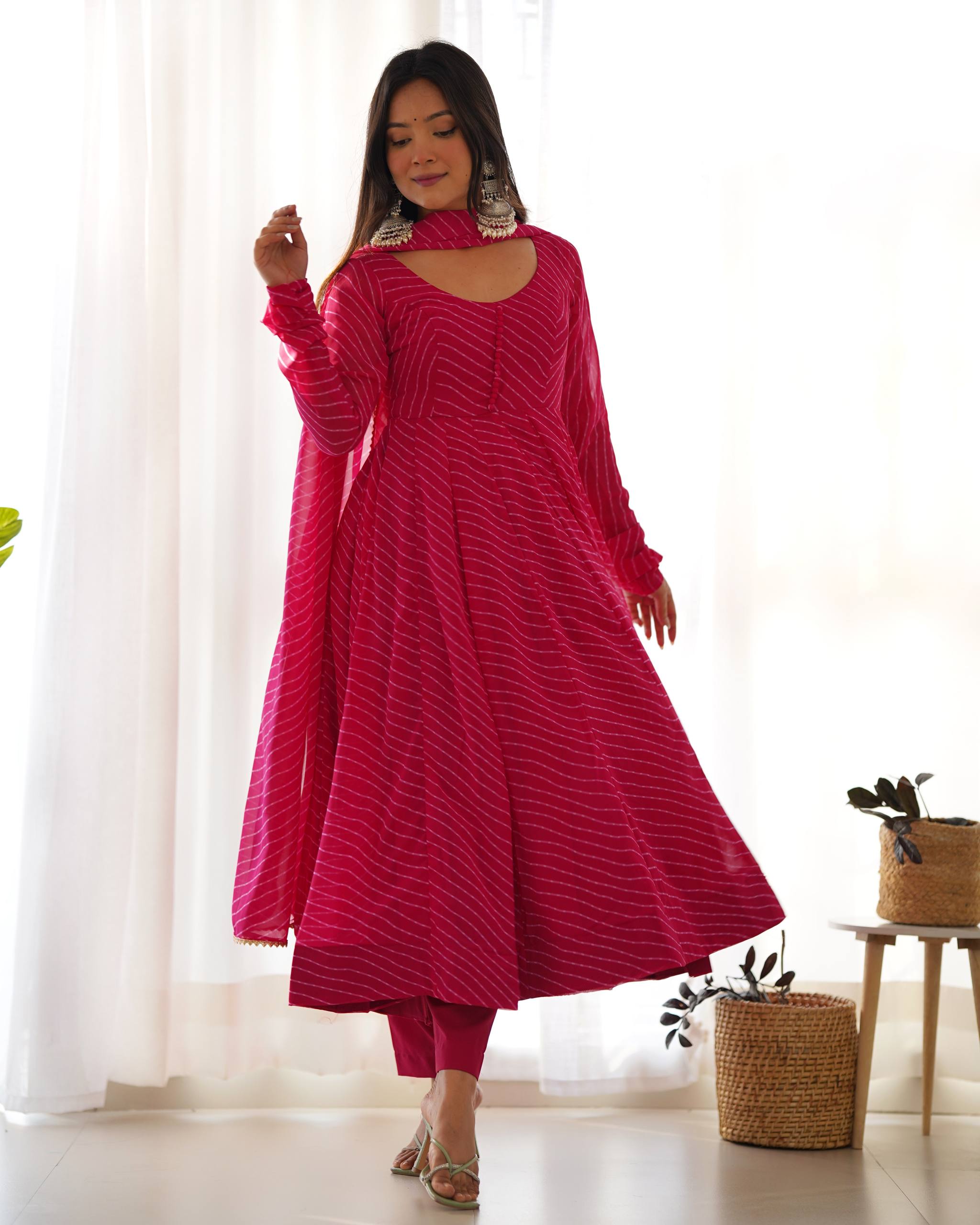 Premium Roman Silk Chanderi Anarkali Suit Set with Pant and Mirror Lace Dupatta
