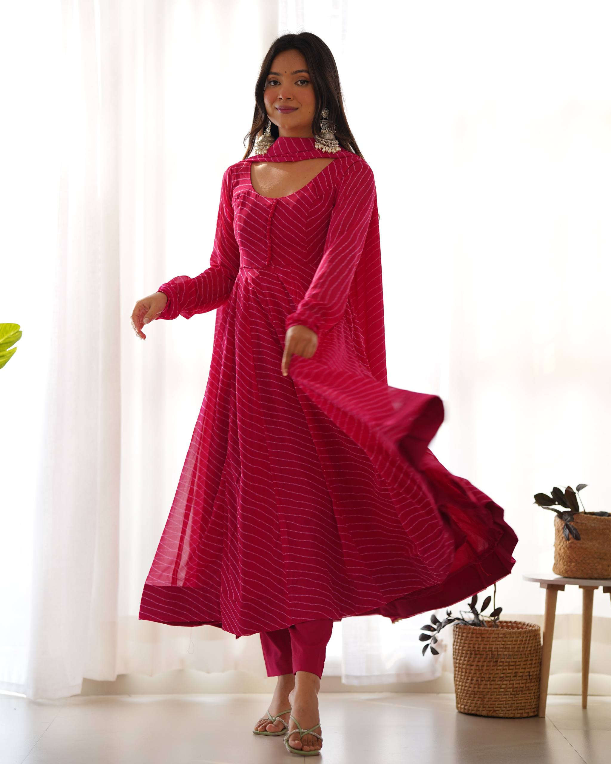 Premium Roman Silk Chanderi Anarkali Suit Set with Pant and Mirror Lace Dupatta