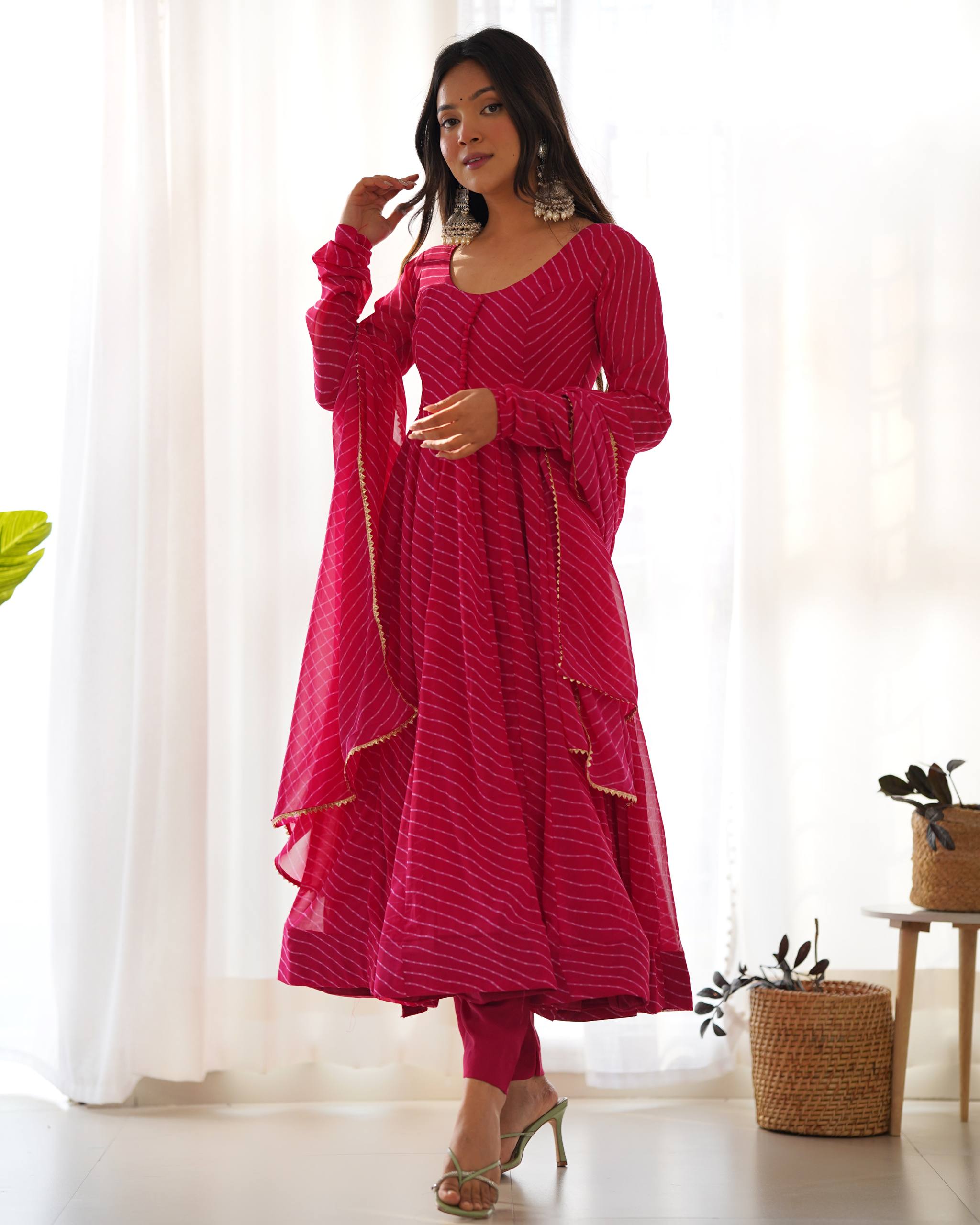Premium Roman Silk Chanderi Anarkali Suit Set with Pant and Mirror Lace Dupatta