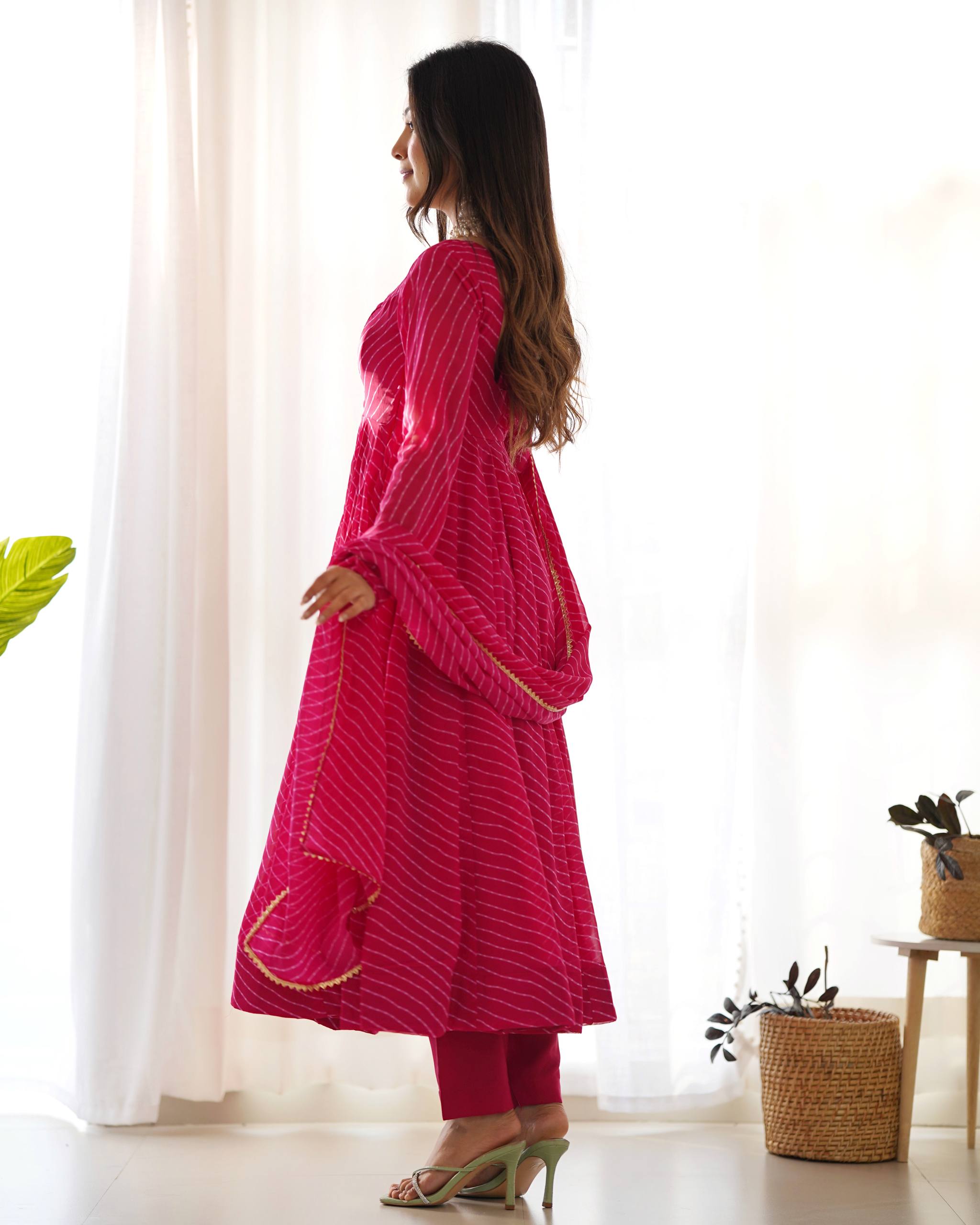 Premium Roman Silk Chanderi Anarkali Suit Set with Pant and Mirror Lace Dupatta