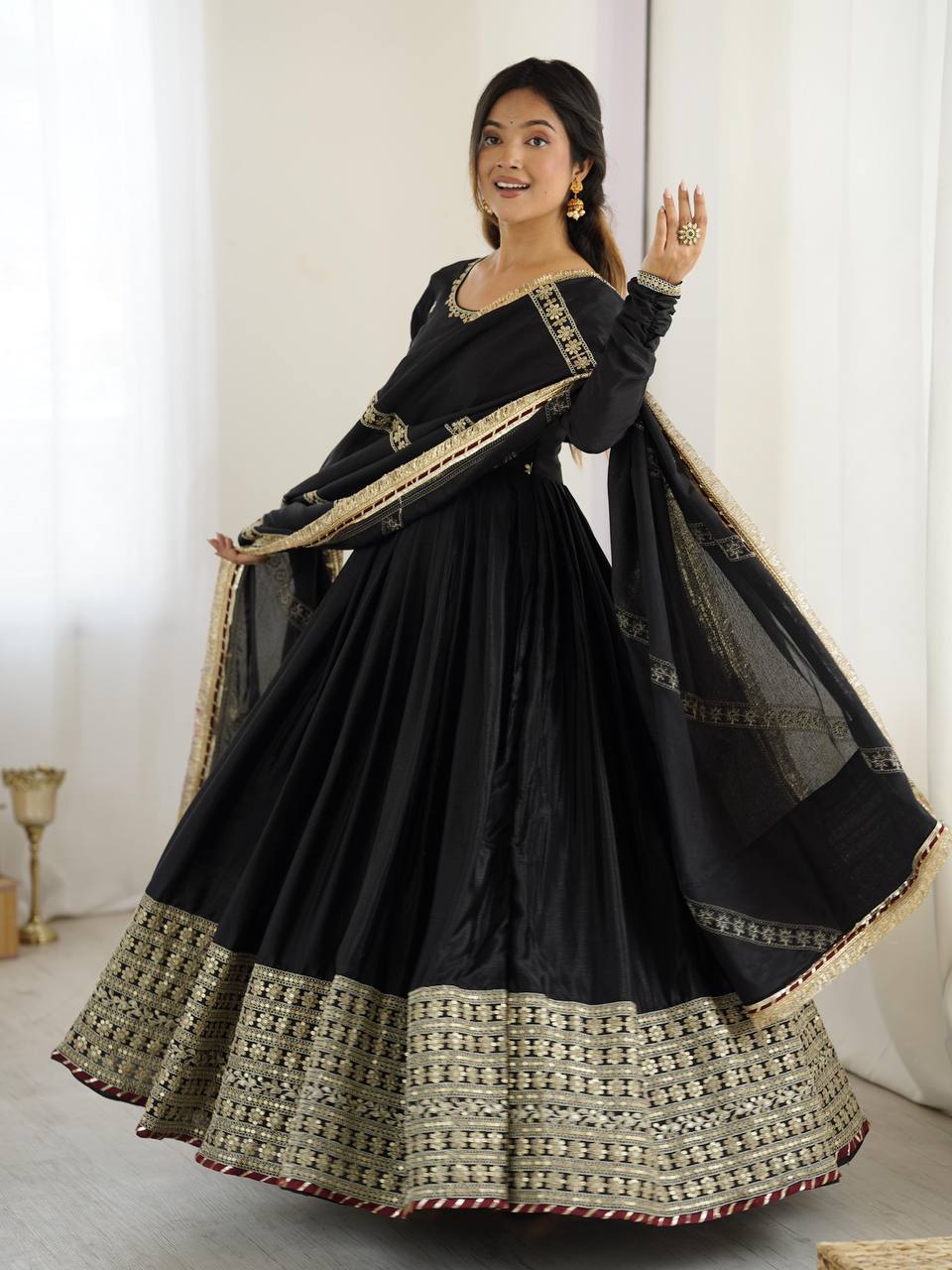 Women's Chinon Embroidered Suit Set with Pant and Dupatta