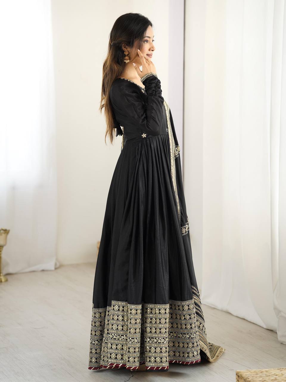 Women's Chinon Embroidered Suit Set with Pant and Dupatta