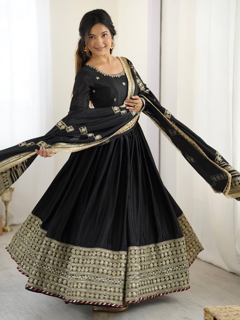 Women's Chinon Embroidered Suit Set with Pant and Dupatta
