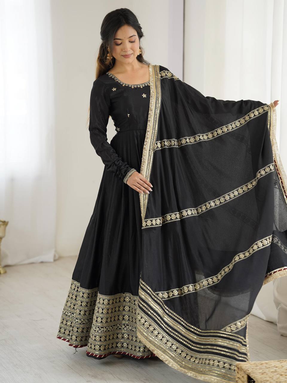 Women's Chinon Embroidered Suit Set with Pant and Dupatta