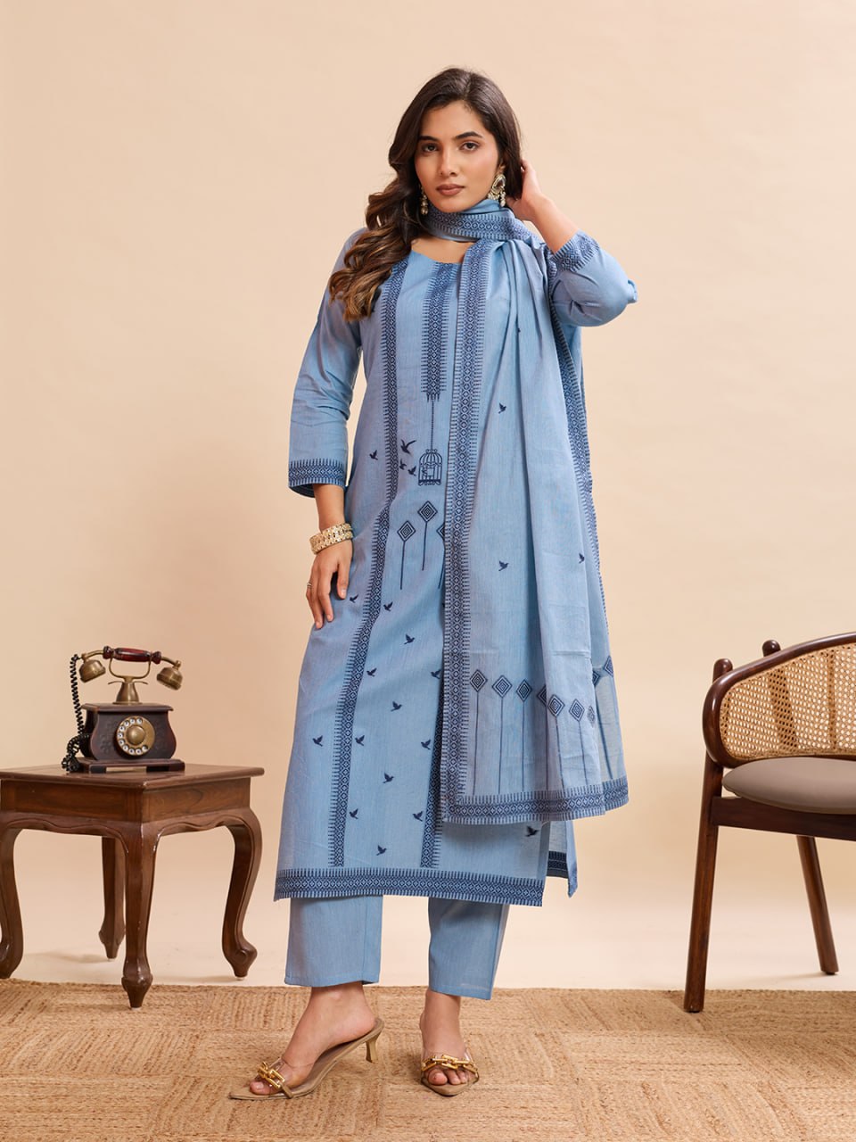 Pure Cotton Straight Kurta Pant Dupatta Set