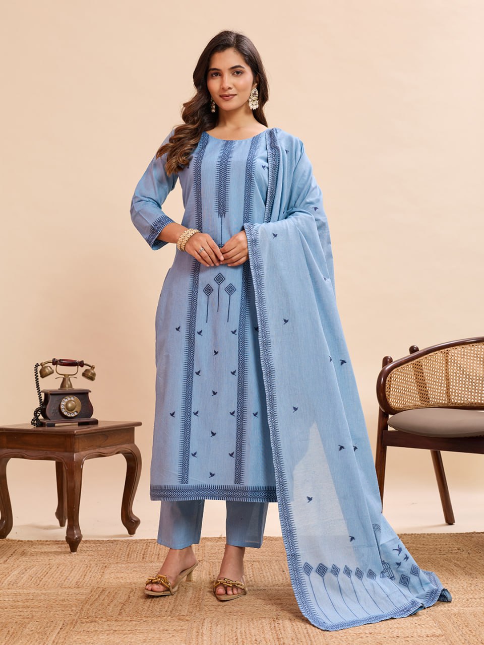Pure Cotton Straight Kurta Pant Dupatta Set