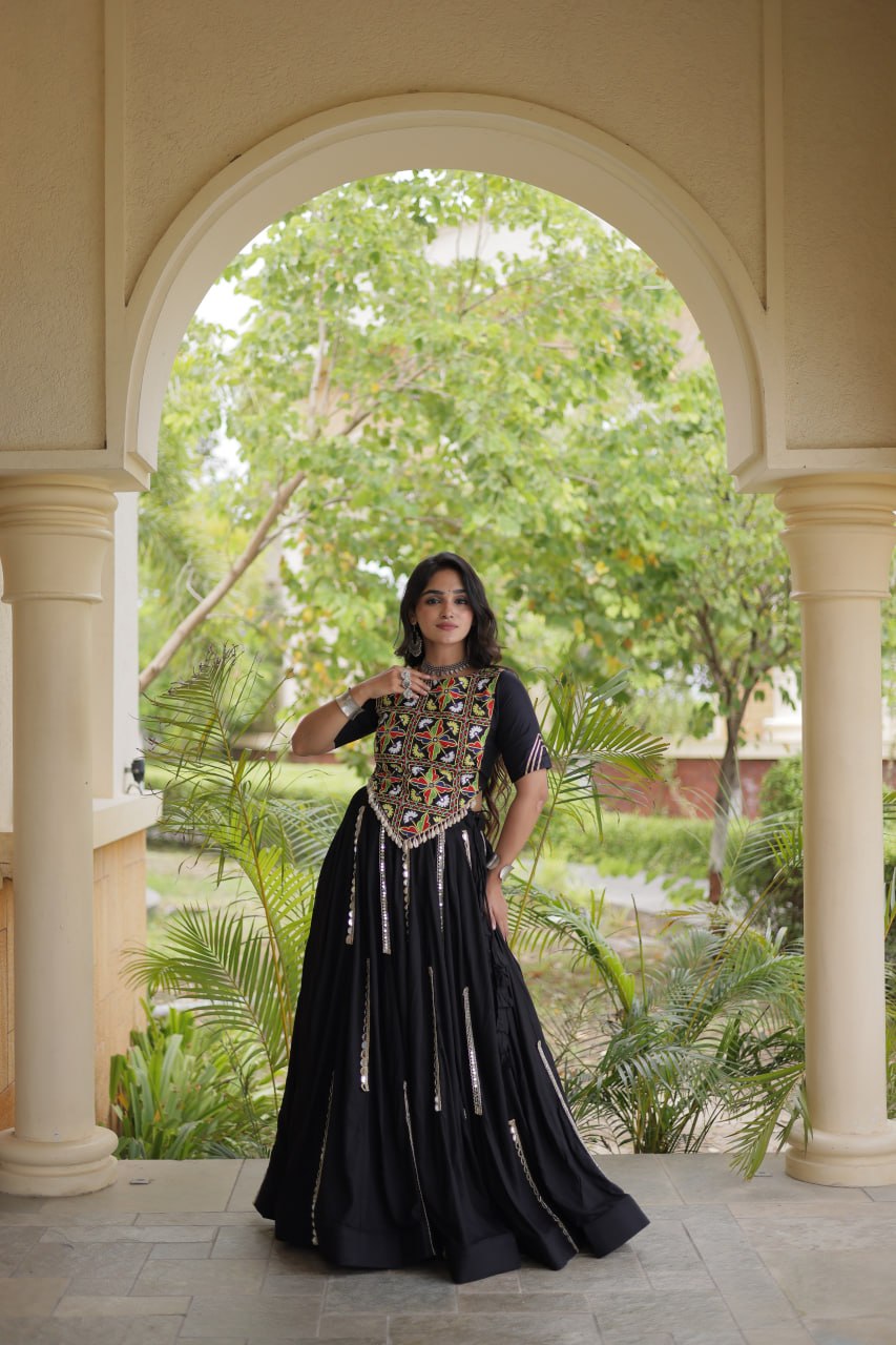 Navratri Rayon Multi Mirror Work Lehenga Choli with Thread Embroidery