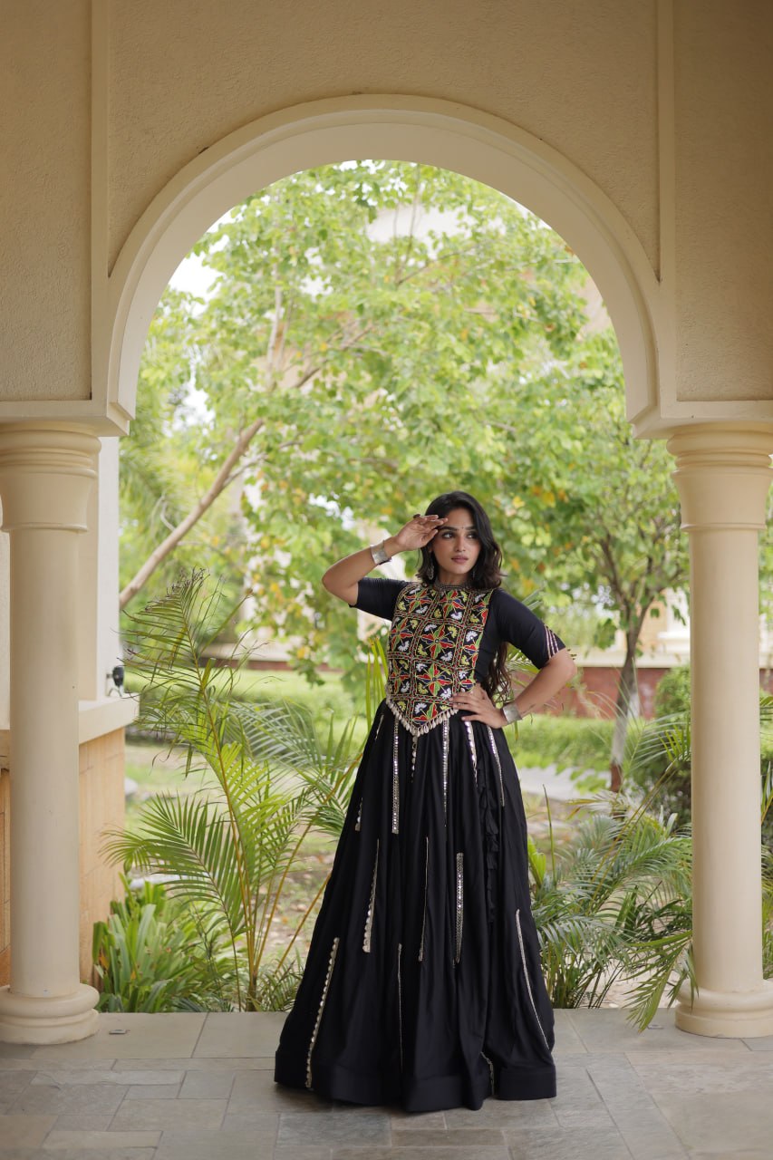 Navratri Rayon Multi Mirror Work Lehenga Choli with Thread Embroidery