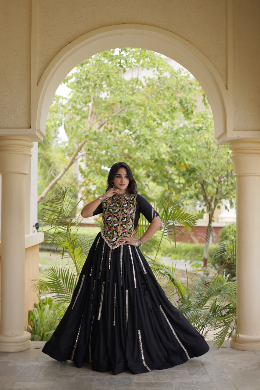 Navratri Rayon Multi Mirror Work Lehenga Choli with Thread Embroidery