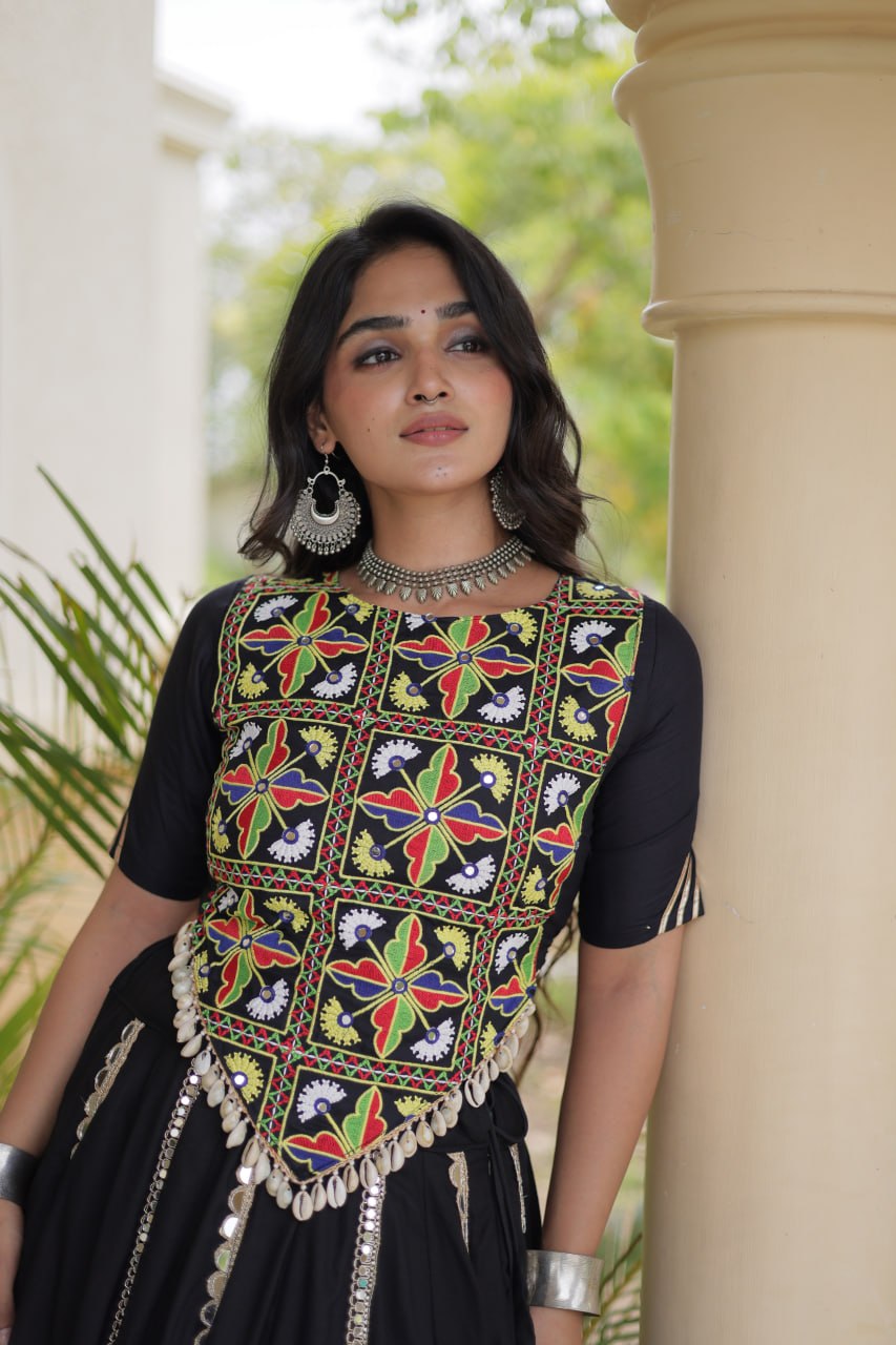 Navratri Rayon Multi Mirror Work Lehenga Choli with Thread Embroidery