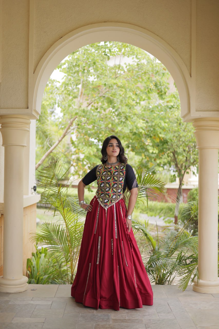 Navratri Rayon Multi Mirror Work Lehenga Choli with Thread Embroidery
