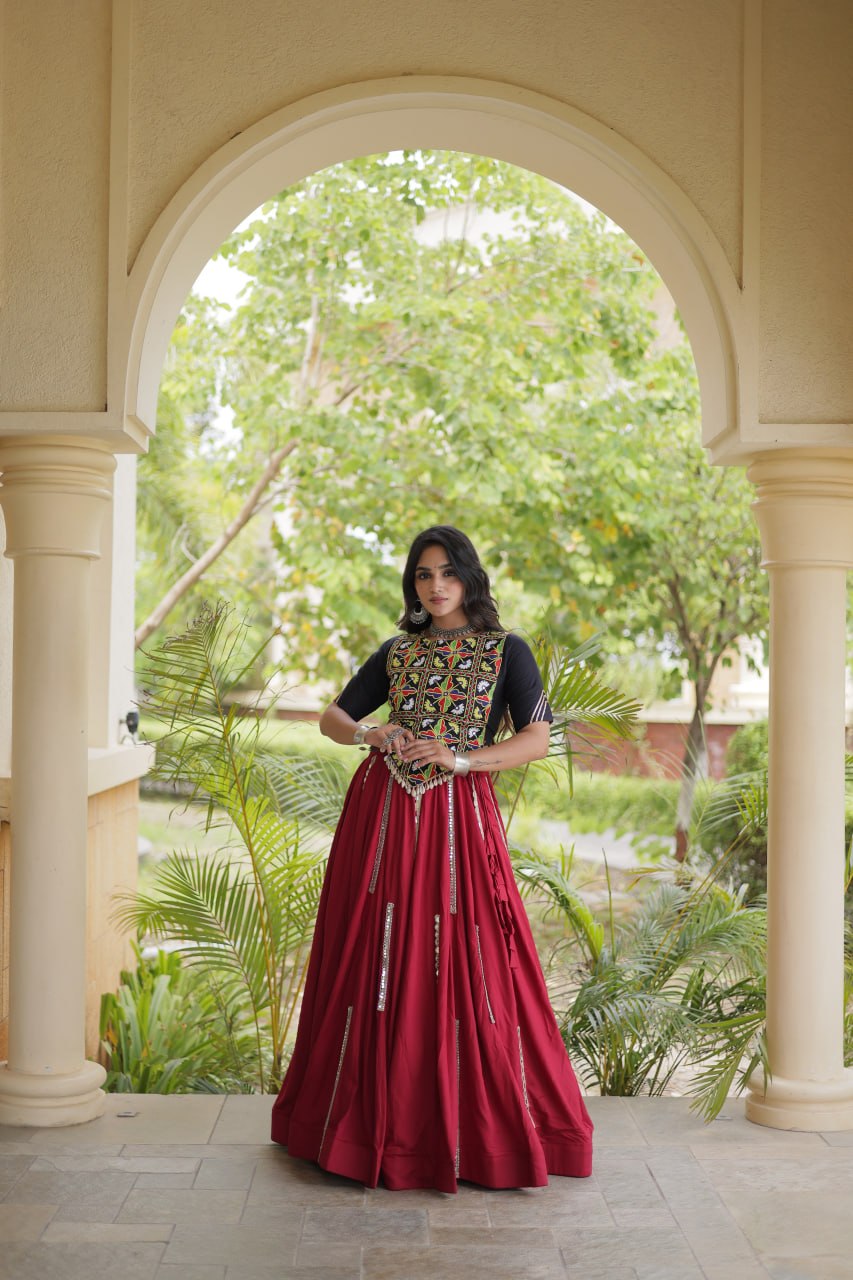 Navratri Rayon Multi Mirror Work Lehenga Choli with Thread Embroidery
