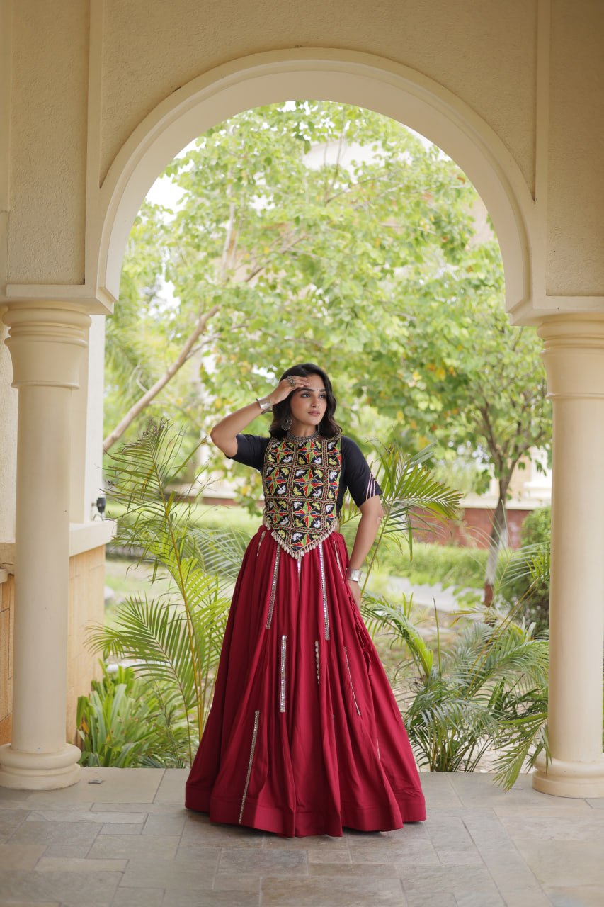 Navratri Rayon Multi Mirror Work Lehenga Choli with Thread Embroidery