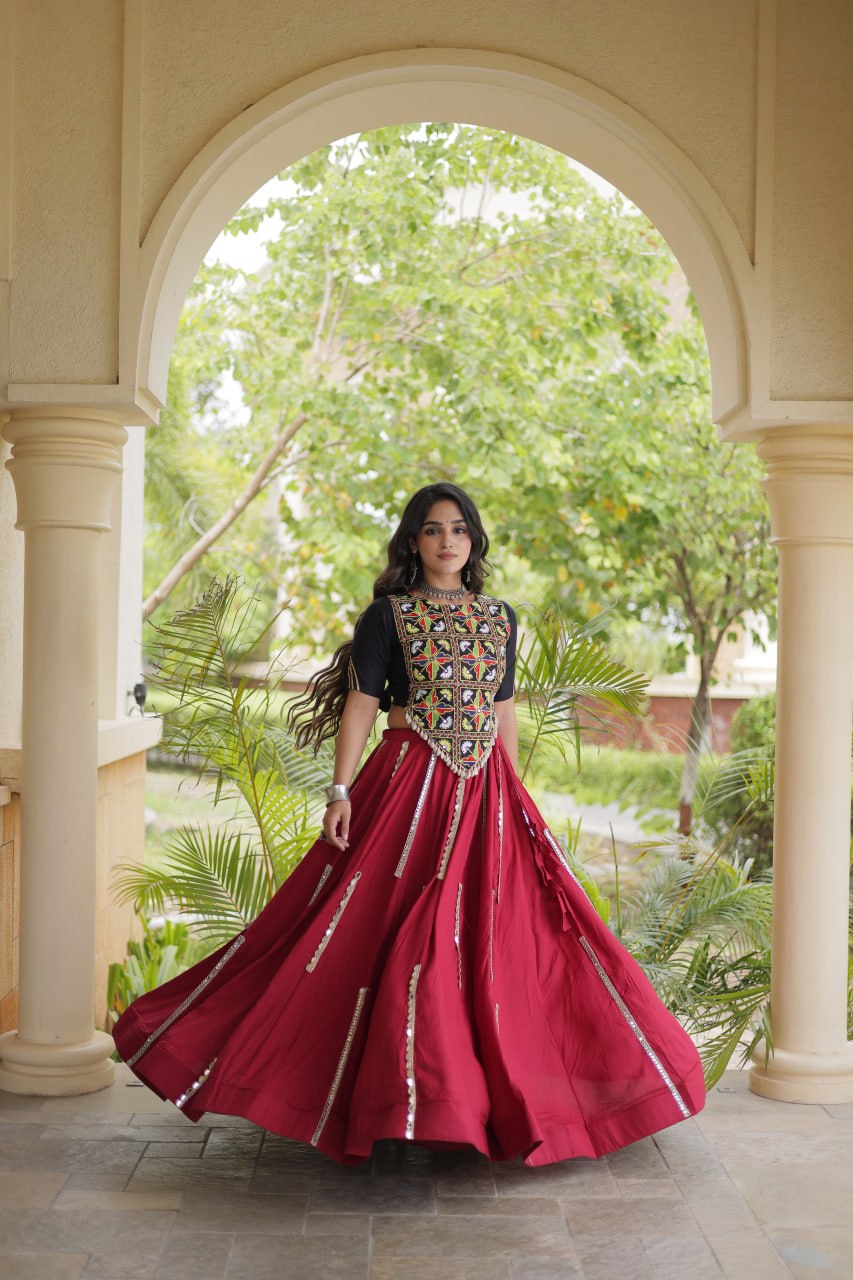 Navratri Rayon Multi Mirror Work Lehenga Choli with Thread Embroidery
