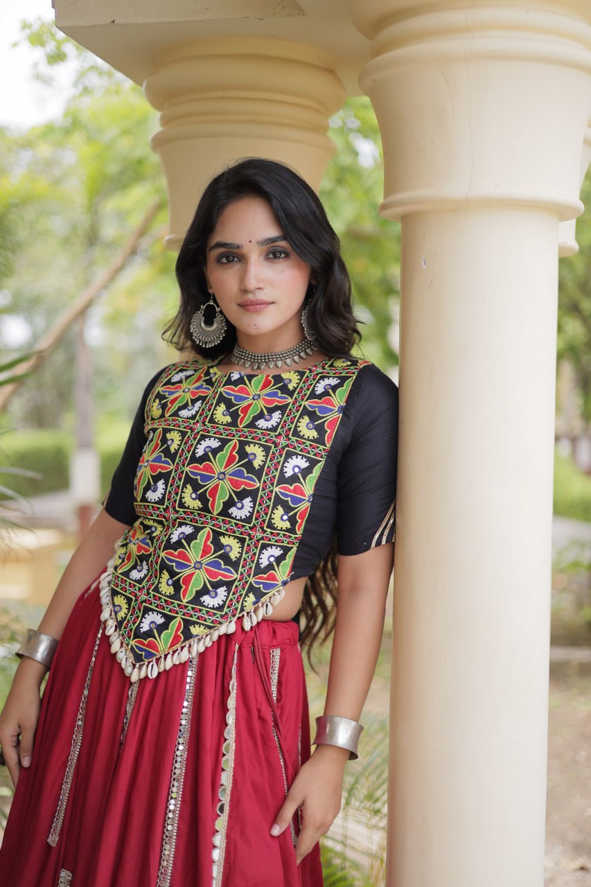 Navratri Rayon Multi Mirror Work Lehenga Choli with Thread Embroidery