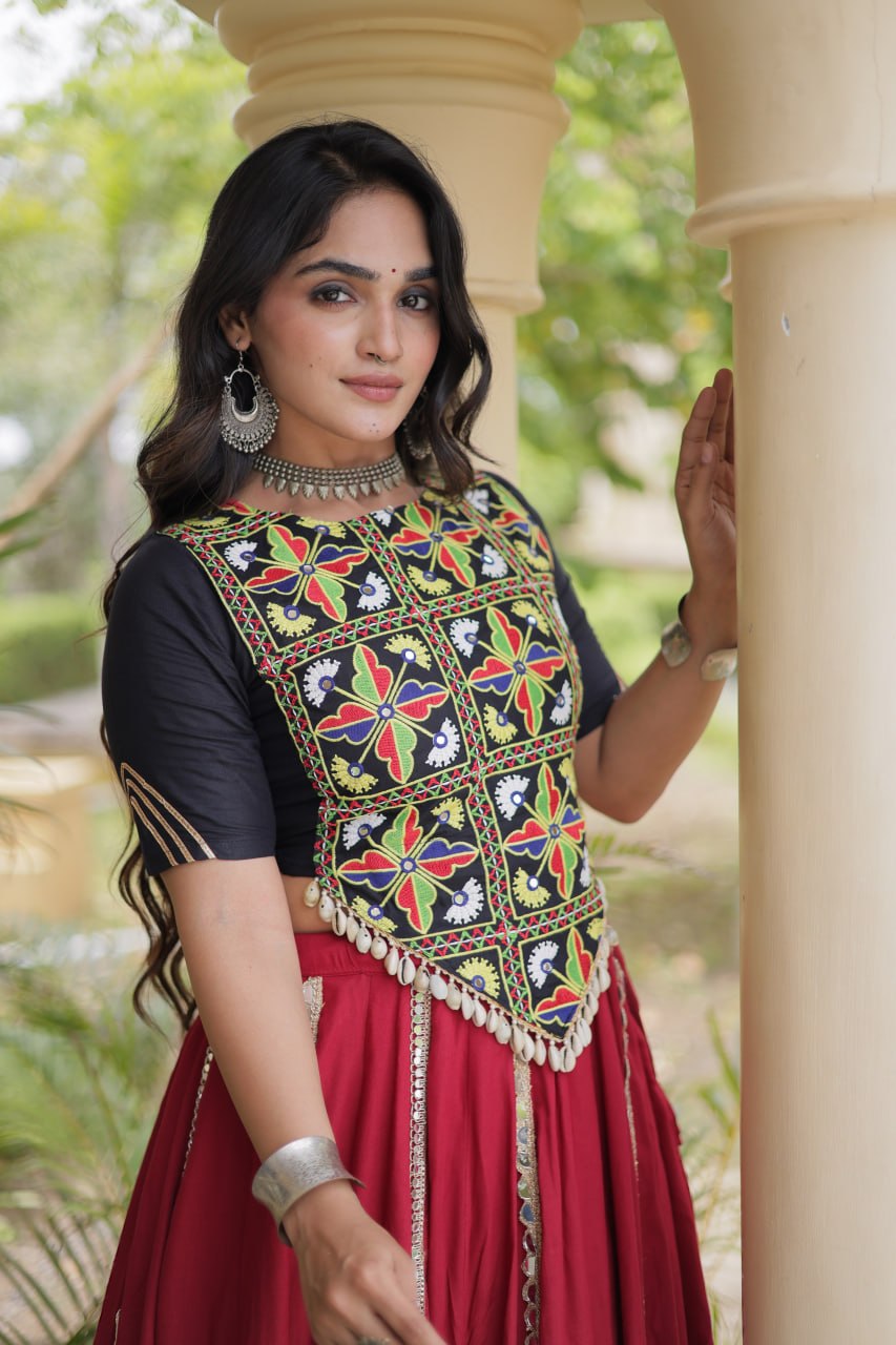 Navratri Rayon Multi Mirror Work Lehenga Choli with Thread Embroidery