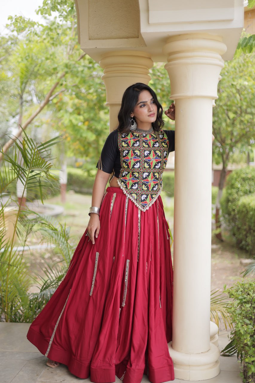 Navratri Rayon Multi Mirror Work Lehenga Choli with Thread Embroidery