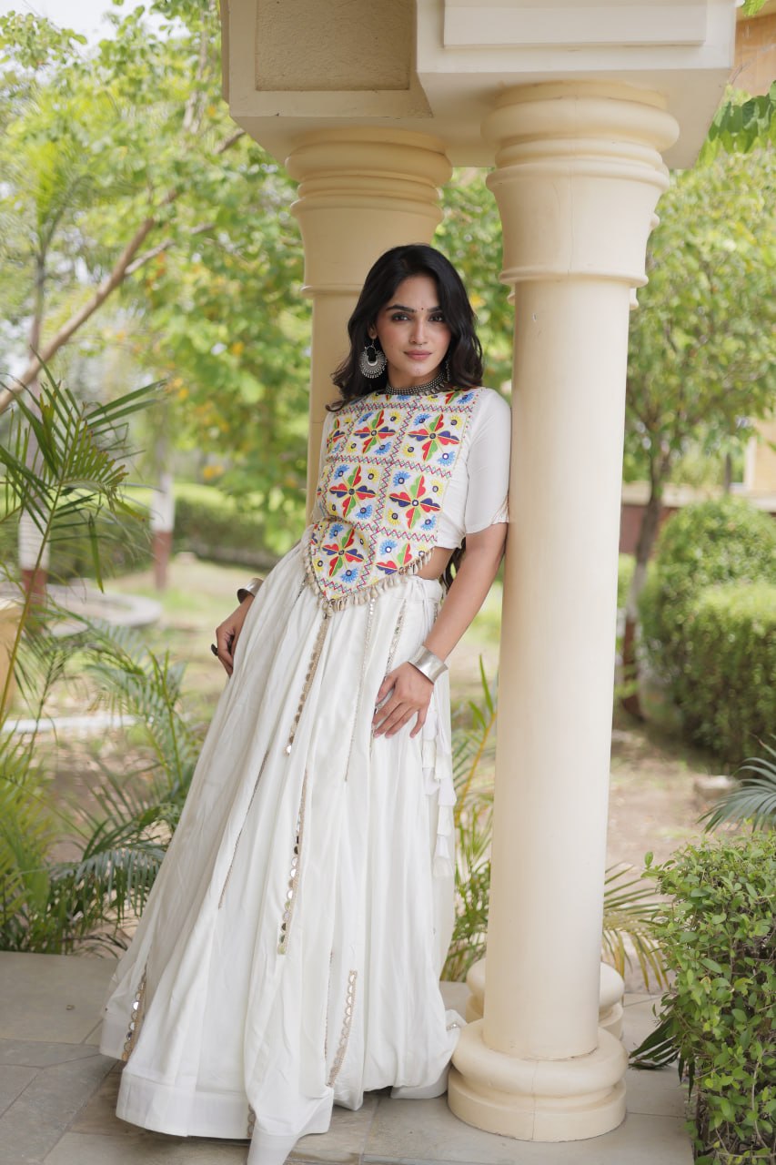 Navratri Rayon Multi Mirror Work Lehenga Choli with Thread Embroidery