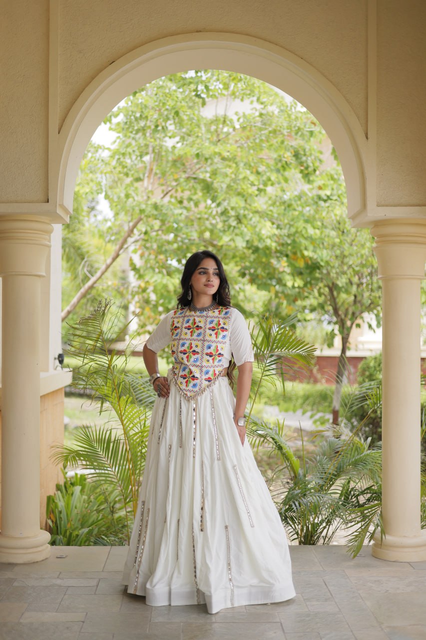 Navratri Rayon Multi Mirror Work Lehenga Choli with Thread Embroidery