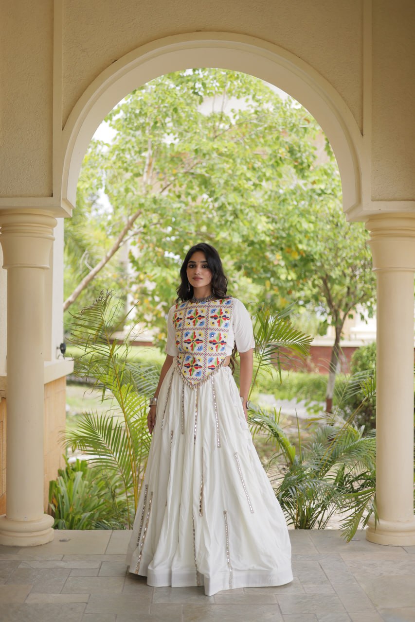 Navratri Rayon Multi Mirror Work Lehenga Choli with Thread Embroidery
