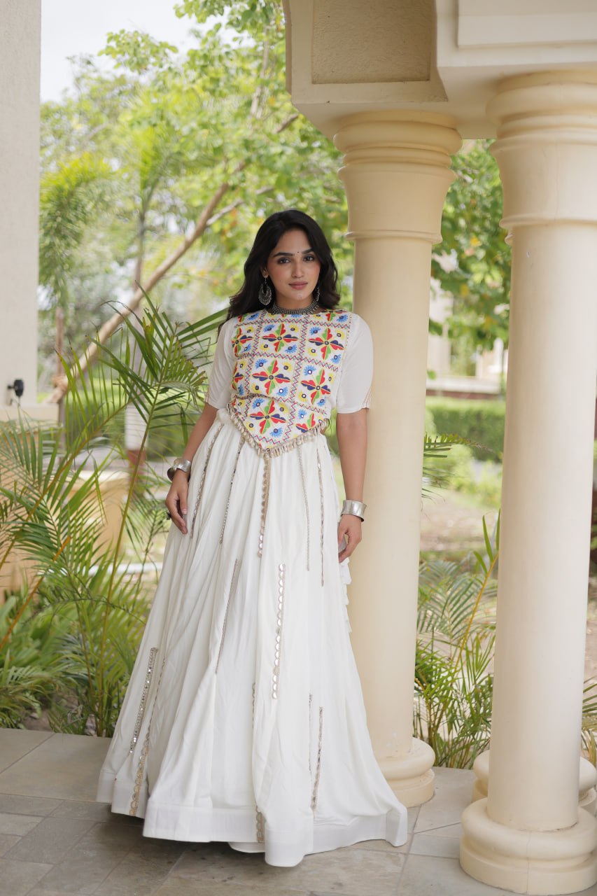 Navratri Rayon Multi Mirror Work Lehenga Choli with Thread Embroidery