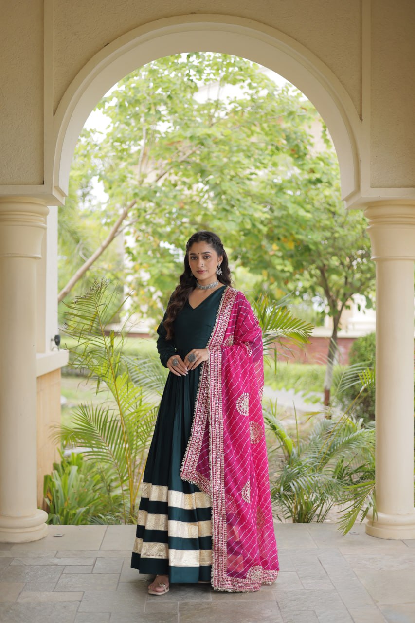 Navratri Rayon Gota Patti Work Anarkali Gown with Leheriya Printed Georgette Dupatta