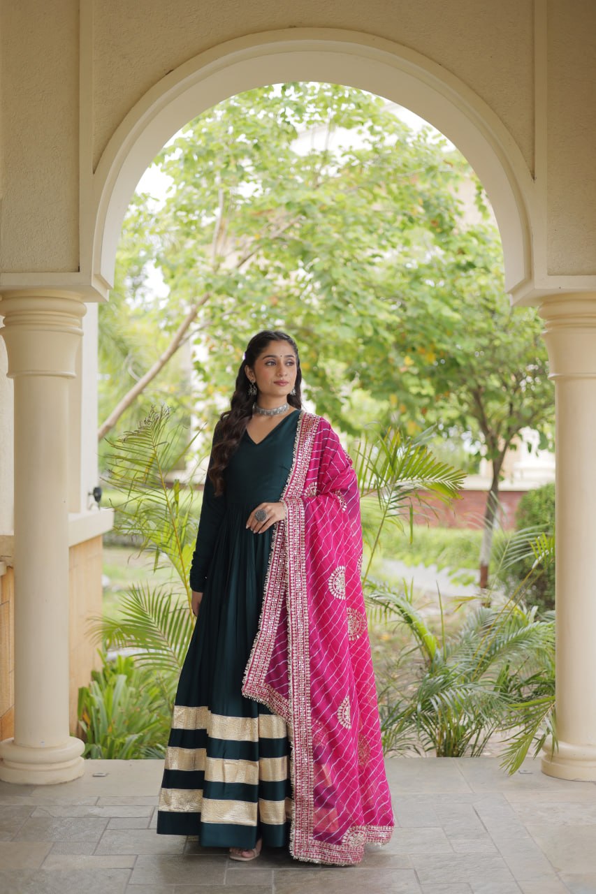 Navratri Rayon Gota Patti Work Anarkali Gown with Leheriya Printed Georgette Dupatta