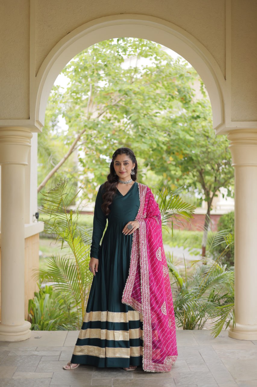 Navratri Rayon Gota Patti Work Anarkali Gown with Leheriya Printed Georgette Dupatta