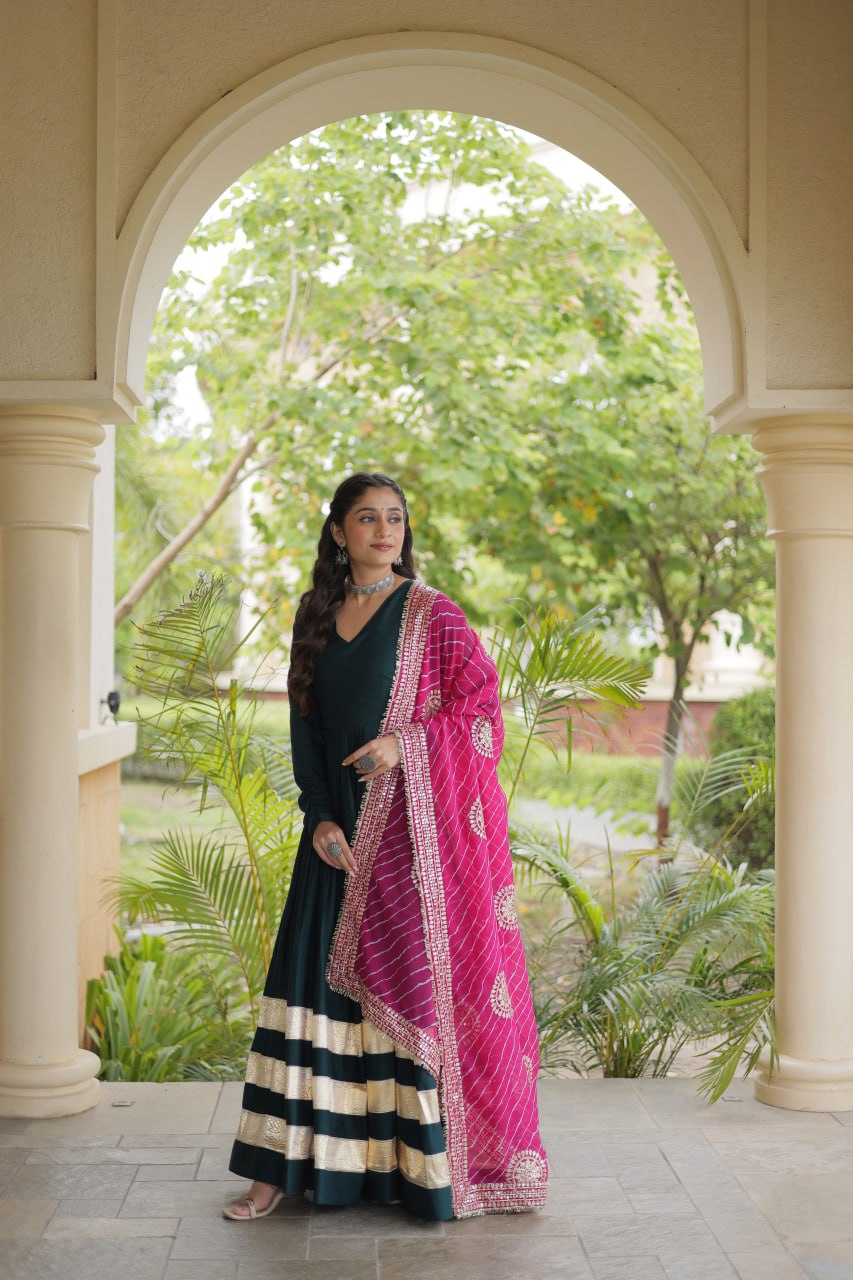 Navratri Rayon Gota Patti Work Anarkali Gown with Leheriya Printed Georgette Dupatta