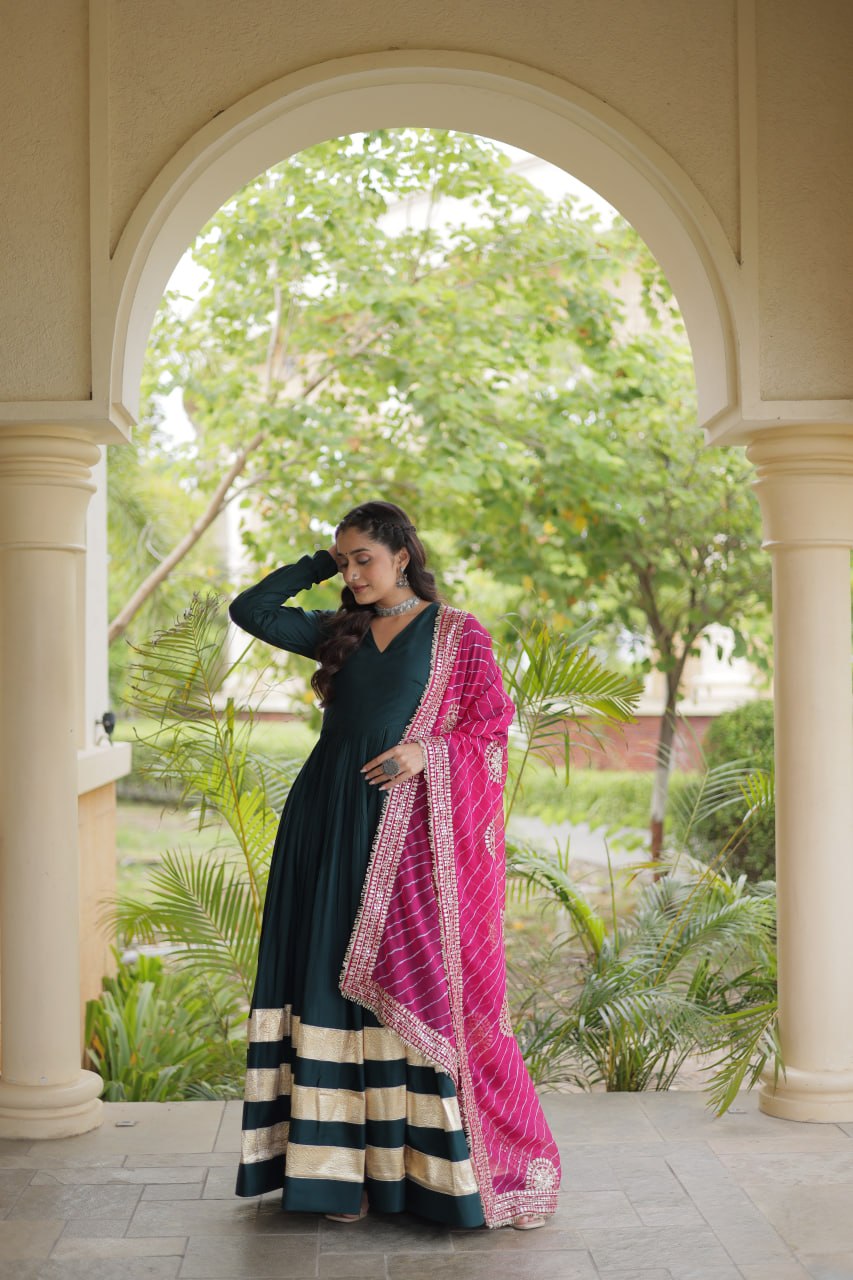 Navratri Rayon Gota Patti Work Anarkali Gown with Leheriya Printed Georgette Dupatta