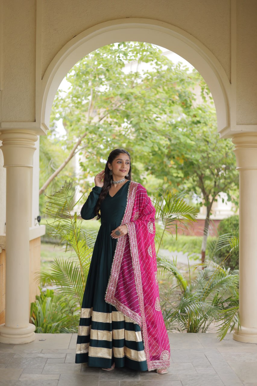 Navratri Rayon Gota Patti Work Anarkali Gown with Leheriya Printed Georgette Dupatta
