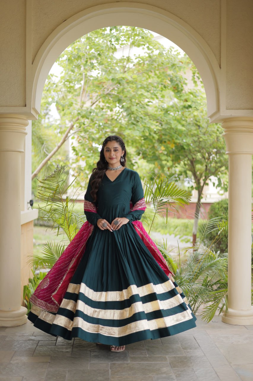 Navratri Rayon Gota Patti Work Anarkali Gown with Leheriya Printed Georgette Dupatta