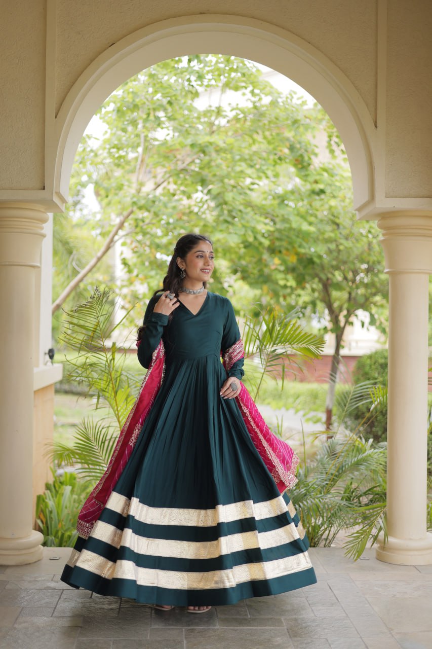 Navratri Rayon Gota Patti Work Anarkali Gown with Leheriya Printed Georgette Dupatta