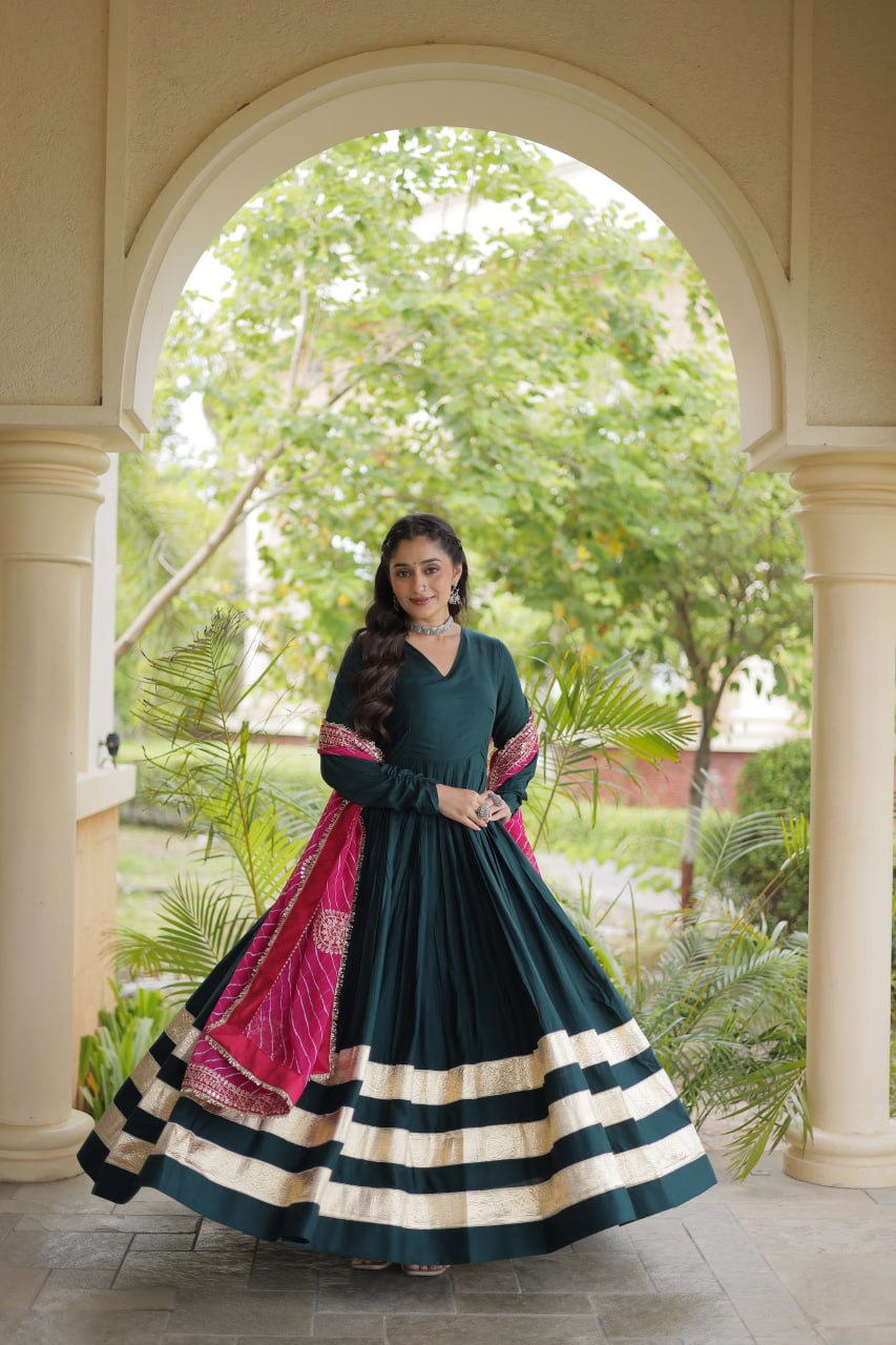 Navratri Rayon Gota Patti Work Anarkali Gown with Leheriya Printed Georgette Dupatta