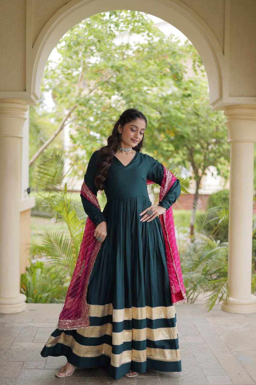 Navratri Rayon Gota Patti Work Anarkali Gown with Leheriya Printed Georgette Dupatta