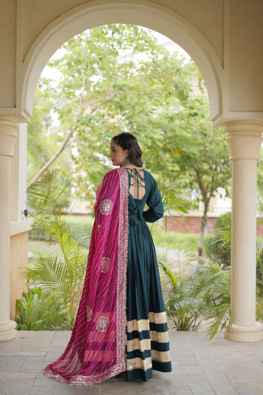 Navratri Rayon Gota Patti Work Anarkali Gown with Leheriya Printed Georgette Dupatta